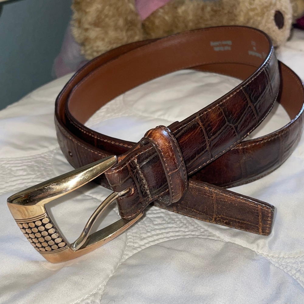 Brighton Brown Crocodile Embossed Leather Belt Rose Gold Buckle USA M10378 Sz 40